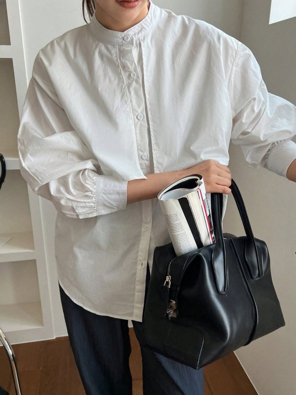 White Casual Oversized Drop Shoulder Button Stand Collar Long Sleeve Shirt - Picture 12 of 12